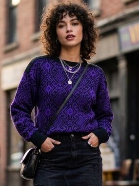 Vintage Transfomer Purple and Black Patterned Sweater, Size Medium, acrylic